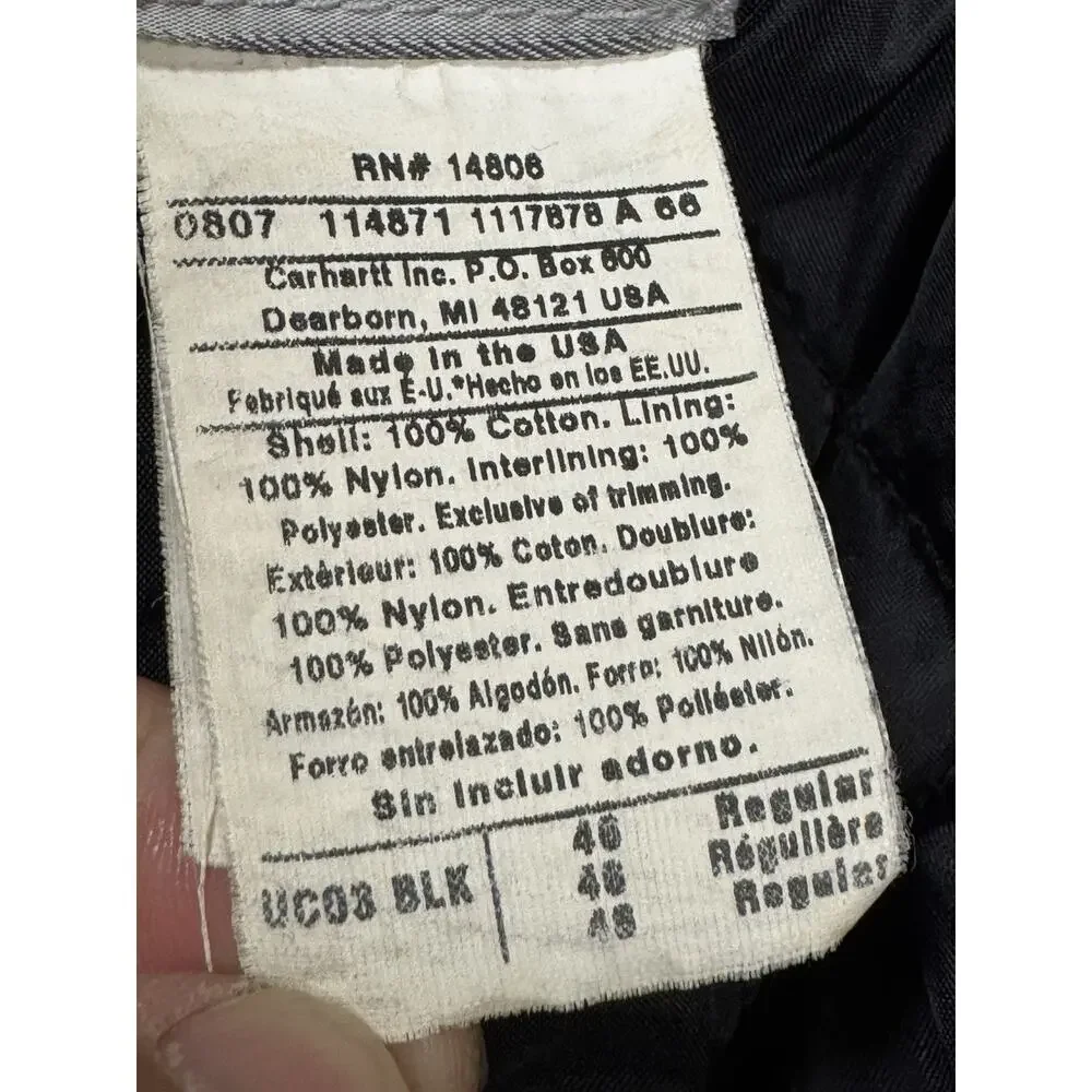 Carhartt Men's 46 Reg Black Firm Duck Tradition Canvas Coat UC03 BLK Utility